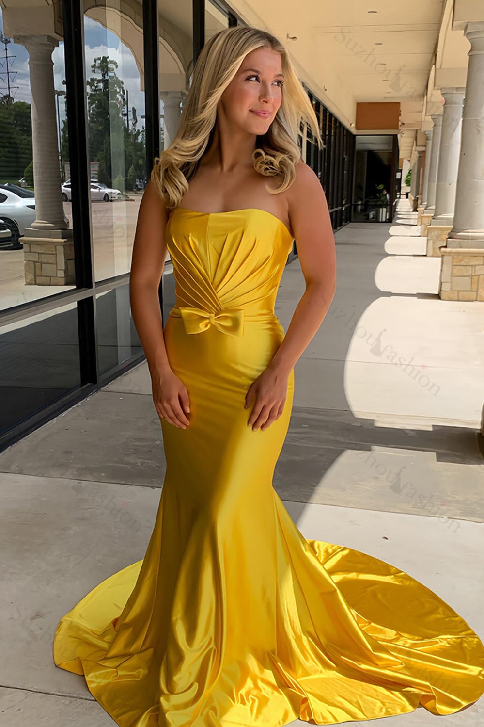 Yellow Prom Dress Wrap Ruched Corset Mermaid Long Formal Dress