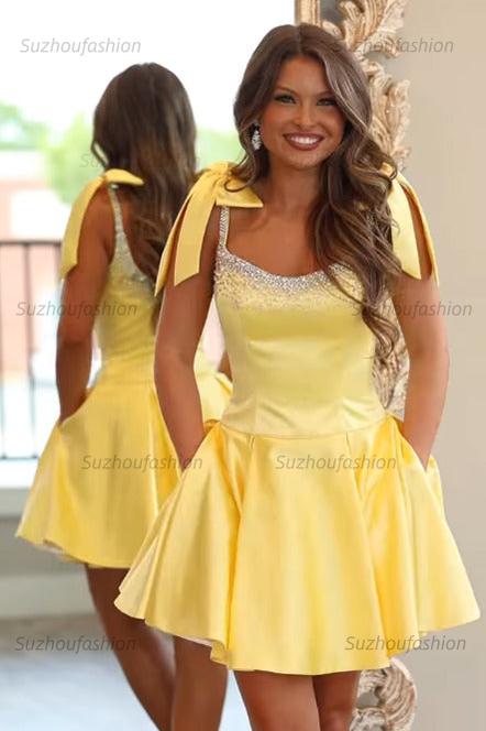 Yellow Satin Bow Strap Beaded A-Line Mini Homecoming Dress