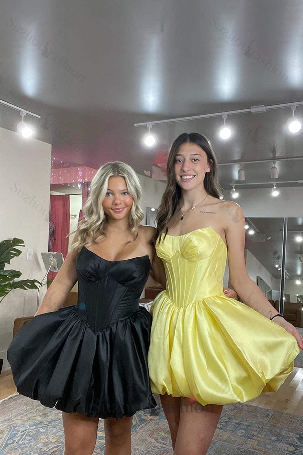 yellow satin strapless mini dress Suzhoufashion Yellow Satin Strapless A Line Homecoming Dresses Short Corset Cocktail Dresses