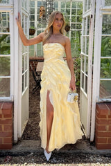 Yellow Strapless Ruffle Chiffon High Slit Long Prom Dress Formal Evening Gown