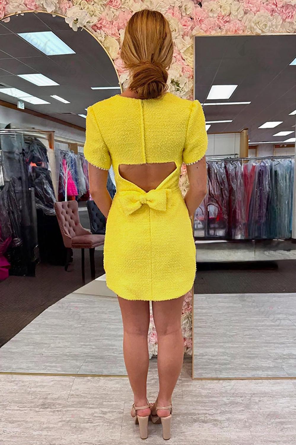 Suzhoufashion Yellow Tight Homecoming Dresses Short Sleeves Tweed Cocktail Dresses With Pearl suzhoufashion Suzhoufashion Yellow Tight Homecoming Dresses Short Sleeves Tweed Cocktail Dresses With Pearl suzhoufashion