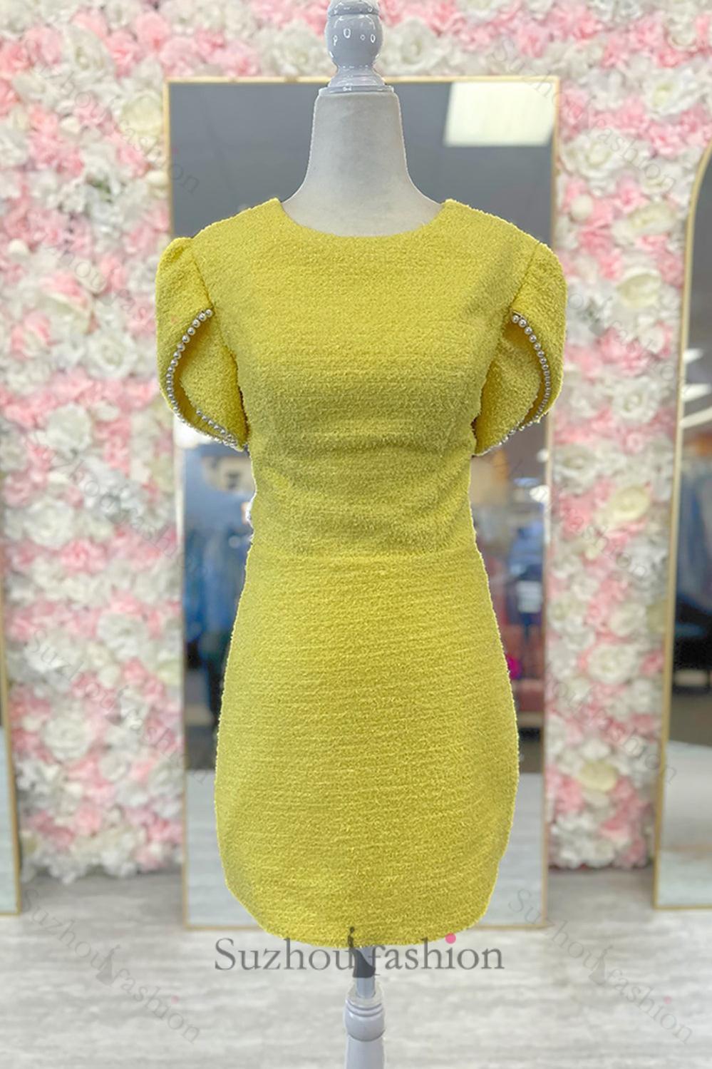tweed homecoming dress Suzhoufashion Yellow Tight Homecoming Dresses Short Sleeves Tweed Cocktail  Dresses With Pearl – suzhoufashion