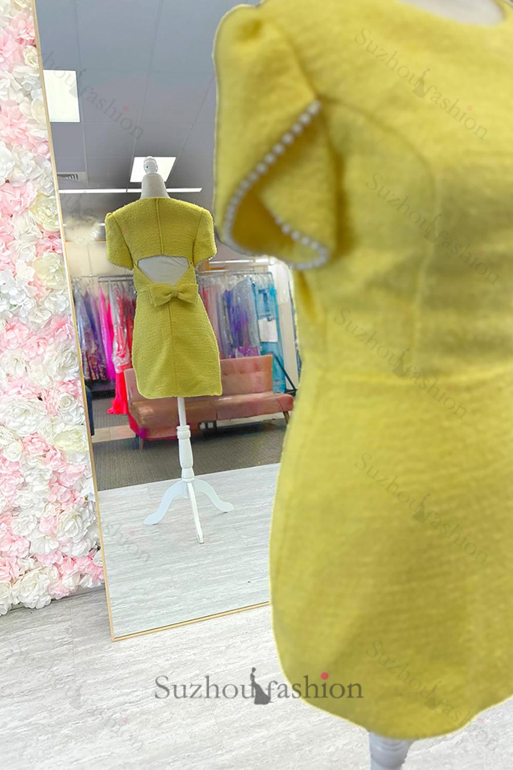 Suzhoufashion Yellow Tight Homecoming Dresses Short Sleeves Tweed Cocktail  Dresses With Pearl – suzhoufashion