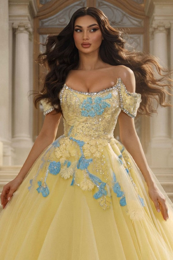 Yellow Tulle Ball Gown Prom Dress with Blue 3D Flowers