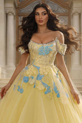 Yellow Tulle Ball Gown Prom Dress with Blue 3D Flowers