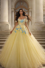 Yellow Tulle Ball Gown Prom Dress with Blue 3D Flowers