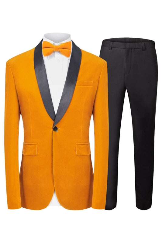 Yellow Two Piece Velvet Shawl Lapel Wedding Suit