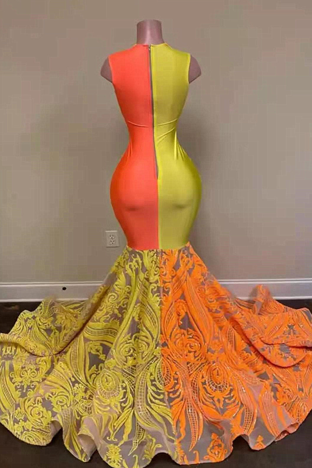 Yellow and Orange Mermaid Prom Dress Lace Long On Sale