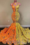 Yellow and Orange Mermaid Prom Dress Lace Long On Sale