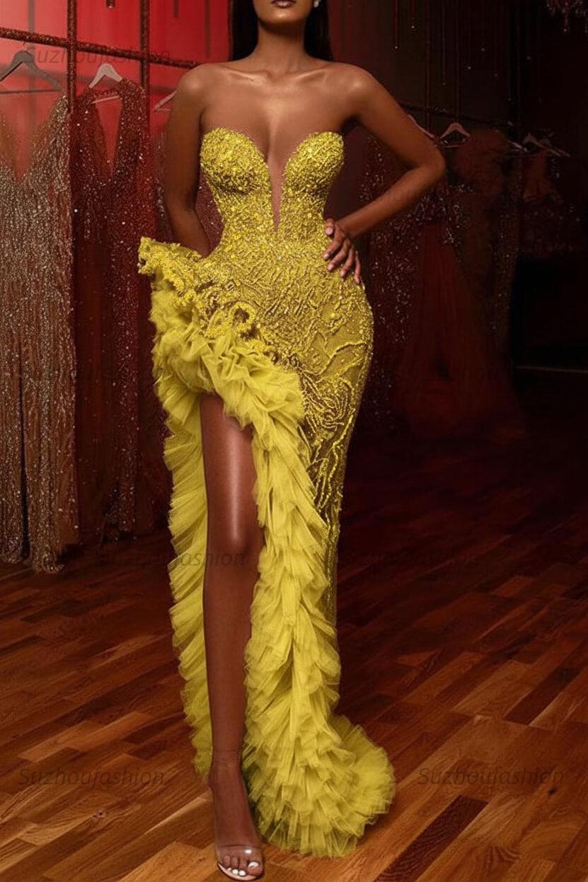 Gorgeous Mermaid Prom Dress Beading Sleeveless Long Split Evening Dress With Ruffles, Yellow Gorgeous Mermaid Prom Dress Beading Sleeveless Long Split Evening Dress With Ruffles, Yellow