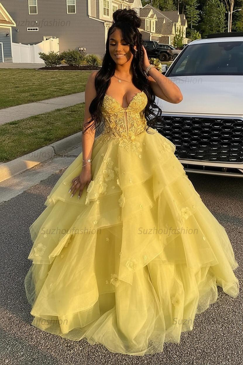 tiered long formal dresses A-line Tiered Lace Prom Dress High Slit – alinanova main image 0
