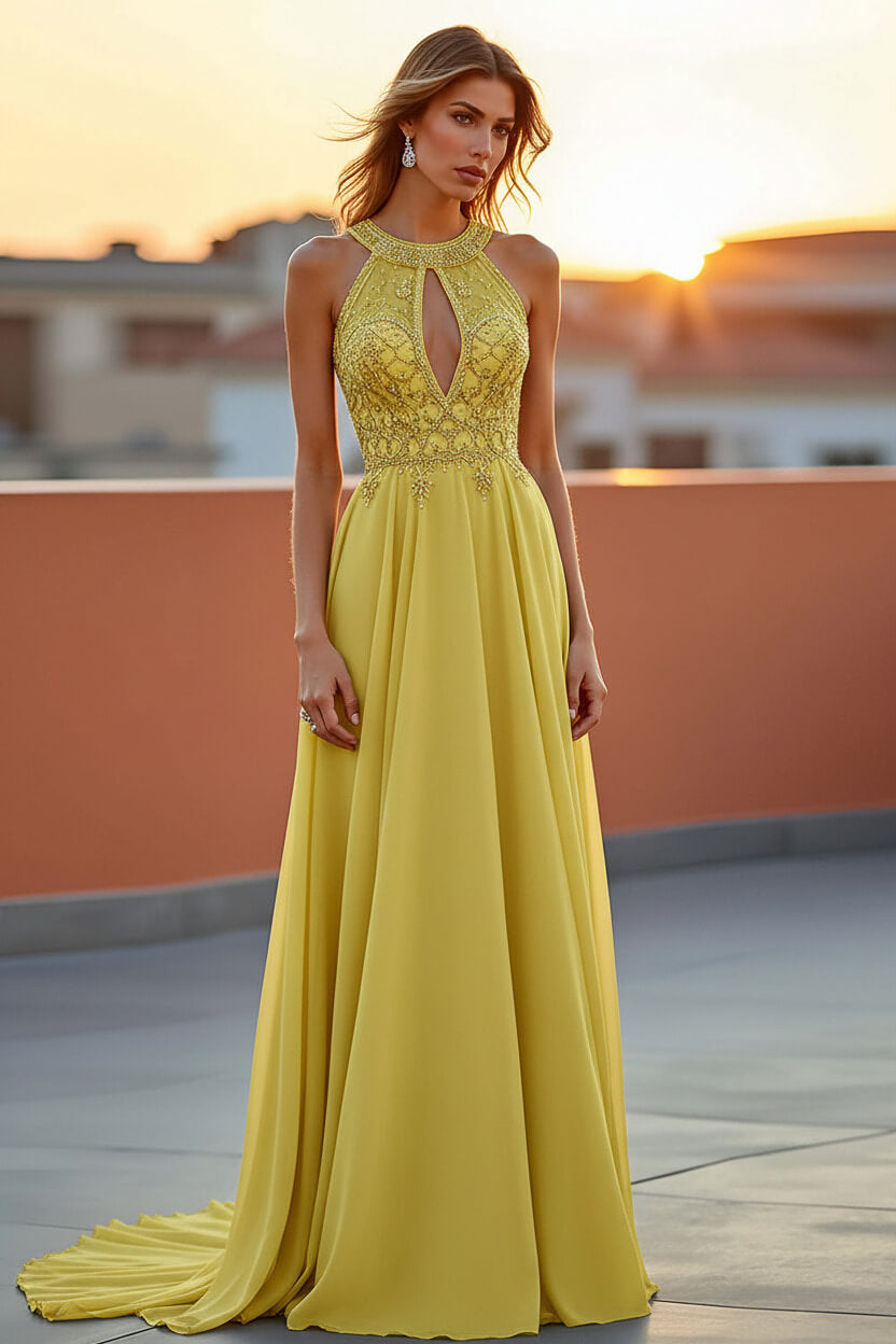 Beaded Navy Wedding Guest Dress Halter Long Formal Dress With Embroideries