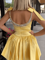 Blue Beaded A Line Homecoming Dresses Short Cocktail Dresses With Bow