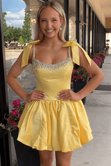 Blue Beaded A Line Homecoming Dresses Short Cocktail Dresses With Bow