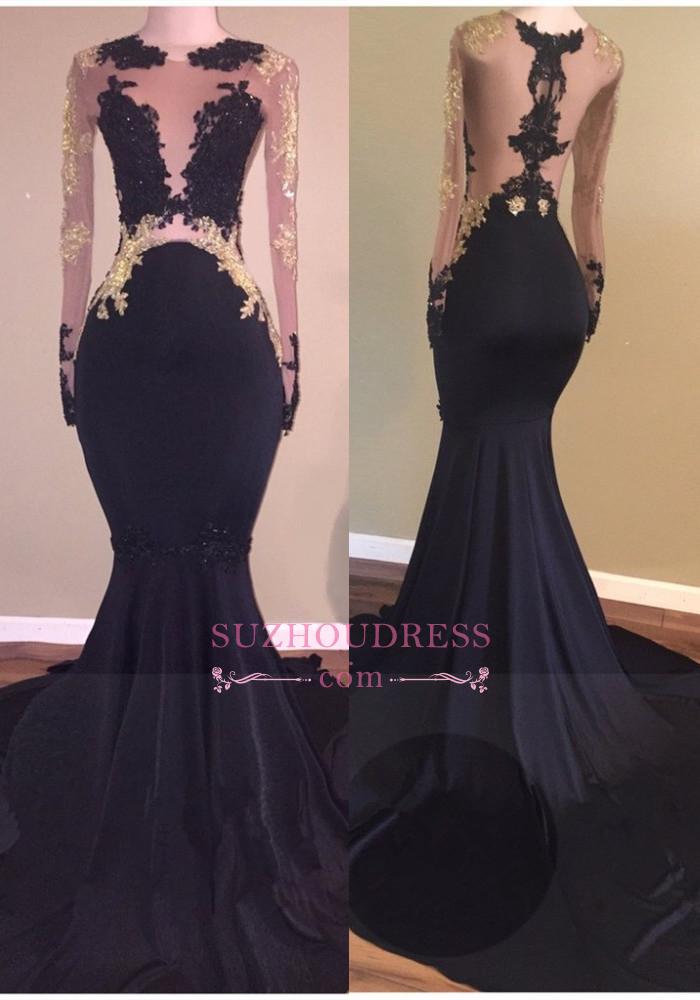 Zipper Long Sleeve Evening Gown Black Sexy Lace Mermaid Prom Dress BA5324