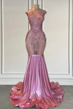 Long Pink Sleeveless Mermaid Prom Dress Featuring Beadings