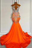 Suzhoufashion Orange Sleeveless Illusion Mermaid Prom Party Dresses With Beadings and Feather