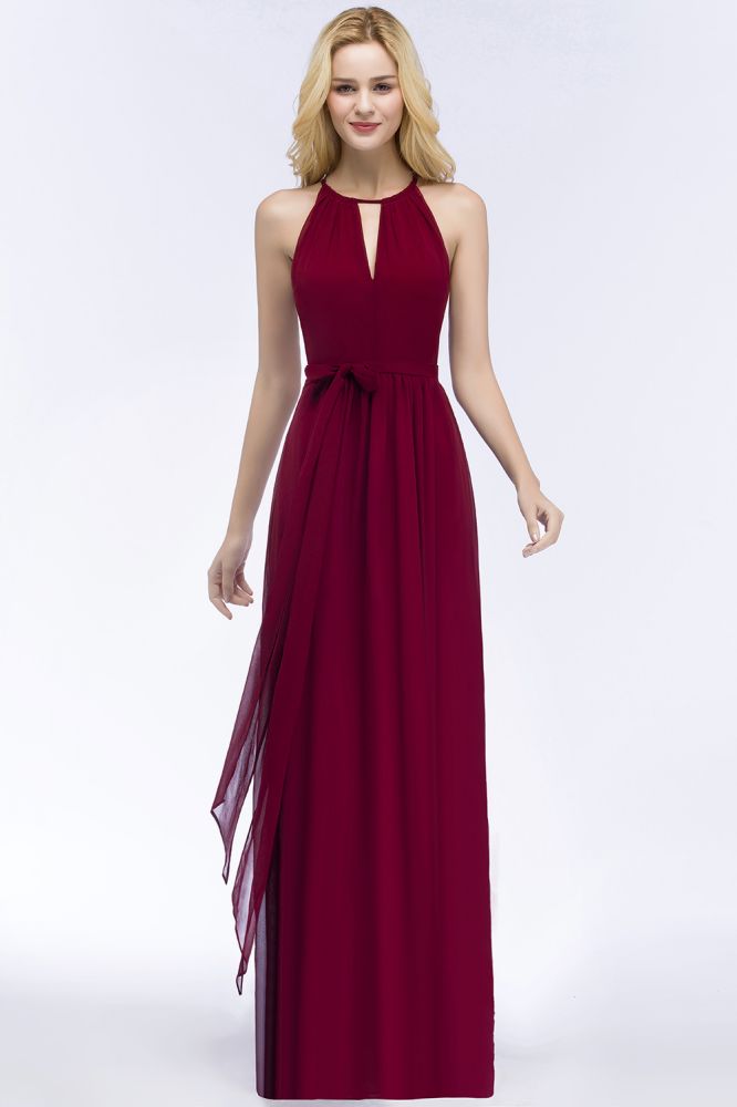 Burgundy Halter A-line Floor Length Bridesmaid Dresses with Bow Sash