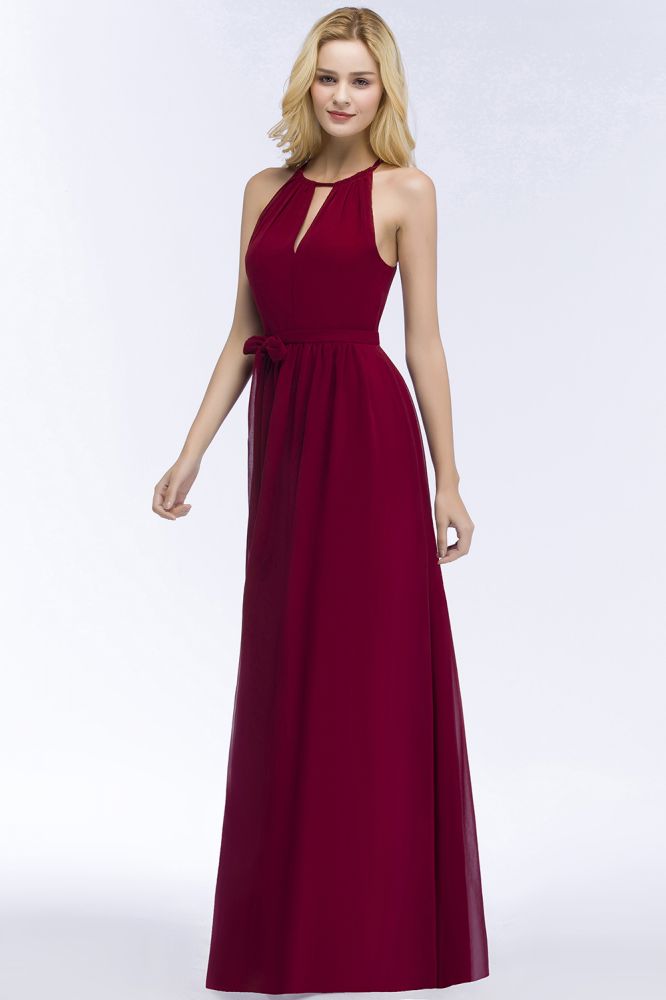 Burgundy Halter A-line Floor Length Bridesmaid Dresses with Bow Sash