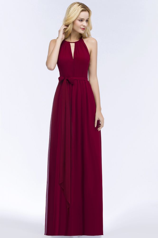 Burgundy Halter A-line Floor Length Bridesmaid Dresses with Bow Sash