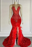 Suzhoufashion Mermaid Formal Dresses with Sequins Sleeveless Split Beadings and Feather Embellishments