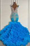 Suzhoufashion Ocean Blue Mermaid Tulle Ruffle Formal Dresses Long With Beadings
