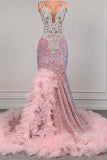 Suzhoufashion Pink Halter Mermaid Formal Dresses with Sequins Beadings and Tulle Ruffle