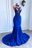 Royal Blue High Neck Sleeveless Mermaid Prom Dress with Beadings