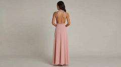 Halter Neck Pink Wedding Guest Dress Beaded Long Formal Dress