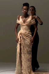 Charming Off The Shoulder Ruffles Split Front Prom Dress with Lace