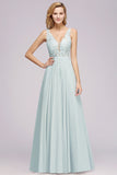 Beautiful V-Neck Sleeveless Floor-Length Chiffon A-Line Prom Dresses with Open Back