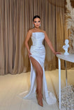 A-Line Exquisite Split Front Sleeveless Strapless Stain Prom Dresses with Beadings