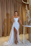 Suzhoufashion Sleeveless Strapless Charmeuse Slit Front Stain Prom Dresses with Ruffles