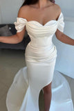 A-Line Split Front Off-The-Shoulder Sweetheart Stain Prom Dresses with Ruffles
