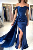 Suzhoufashion Stain Royal Blue Sweetheart Slit Front Off-the-Shoulder Strapless Prom Dresses with Ruffles