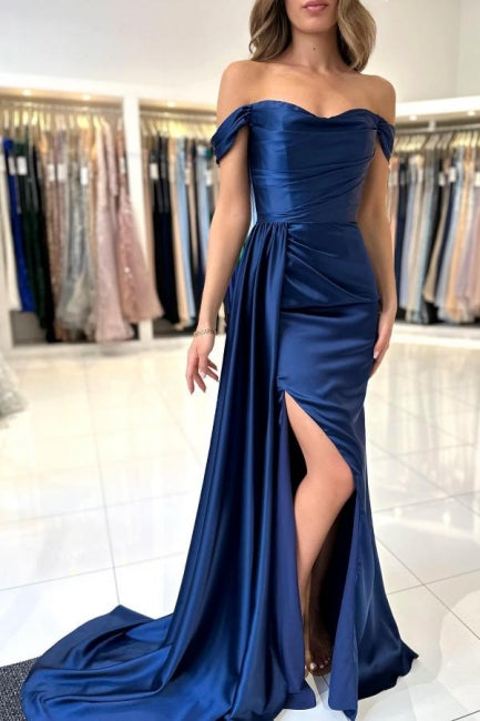 A-Line Stain Royal Blue Sweetheart Split Front Off-the-Shoulder Strapless Prom Dresses with Ruffles