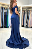 A-Line Stain Royal Blue Sweetheart Split Front Off-the-Shoulder Strapless Prom Dresses with Ruffles