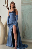 A-Line Sweetheart Floor-Length Split Front Strapless Stain Prom Dresses with Beadings