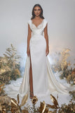 Charming A-Line Sweetheart Appliques Floor-Length Cap Sleeve Split Front Prom Dresses with Ruffles