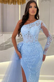Column Floor-Length Split Front Sky Blue Tulle One Shoulder Long Sleeve Prom Dresses with Lace