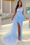 Suzhoufashion Column Long Slit Front Sky Blue Tulle One Shoulder Long Sleeve Prom Dresses with Lace
