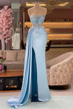 Suzhoufashion Column Slit Front Long Sweetheart Strapless Sleeveless Sky Blue Ruffle Stain Prom Dresses with Beadings