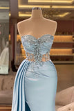 Column Split Front Floor-Length Sweetheart Strapless Sleeveless Sky Blue Ruffle Stain Prom Dresses with Beadings