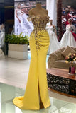 Column Yellow Sleeveless Off-The-Shoulder Stain Floor-Length Sweetheart Prom Dresses with Beadings