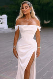 Elegant Split Front Off-The-Shoulder Stain Short Sleeves Floor-Length Prom Dresses with Ruffles