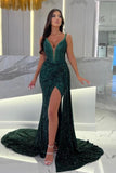 Suzhoufashion Long Dark Green Straps Sweetheart Column Slit Front Prom Dresses with Sequins