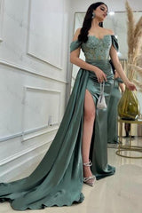 Long Satin Off-The-Shoulder Slit Front Sweetheart Prom Dresses with Lace