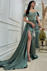 Long Stain Off-The-Shoulder Slit Front Sweetheart Prom Dresses with Lace