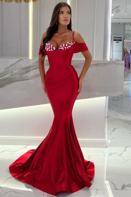 Mermaid Red Spaghetti Straps Sweetheart Off-The-Shoulder Floor-Length Stain Prom Dresses with Ruffles