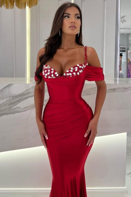 Mermaid Red Spaghetti Straps Sweetheart Off-The-Shoulder Floor-Length Stain Prom Dresses with Ruffles